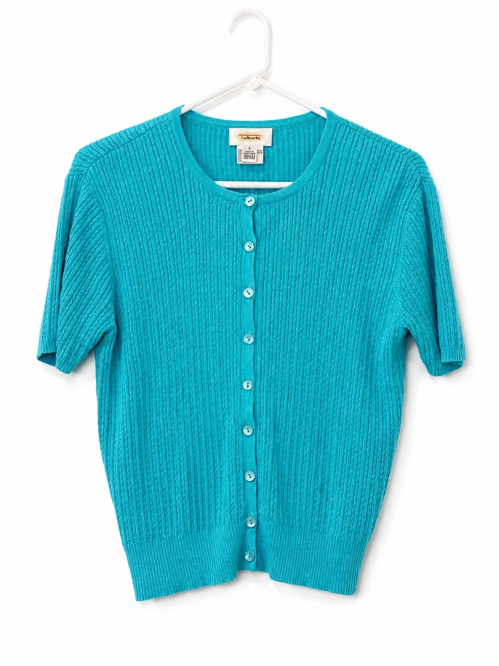 Talbots Large Teal Short Sleeve Cardigan Cotton Rayon Linen Button Front